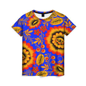 Женская футболка 3D с принтом Хохломской узор в Кировске, 100% полиэфир ( синтетическое хлопкоподобное полотно) | прямой крой, круглый вырез горловины, длина до линии бедер | 3d | арт | другие | листья | прикольные | узоры | хохлома | цветные | цветы | яркие
