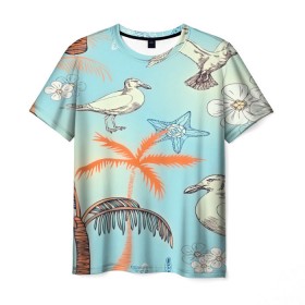 Мужская футболка 3D с принтом Морской стиль в Кировске, 100% полиэфир | прямой крой, круглый вырез горловины, длина до линии бедер | арт | море | пальмы | природа | птицы | цветные | цветы | чайки | яркие
