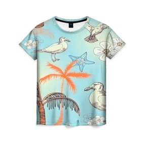 Женская футболка 3D с принтом Морской стиль в Кировске, 100% полиэфир ( синтетическое хлопкоподобное полотно) | прямой крой, круглый вырез горловины, длина до линии бедер | арт | море | пальмы | природа | птицы | цветные | цветы | чайки | яркие