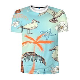 Мужская футболка 3D спортивная с принтом Морской стиль в Кировске, 100% полиэстер с улучшенными характеристиками | приталенный силуэт, круглая горловина, широкие плечи, сужается к линии бедра | Тематика изображения на принте: арт | море | пальмы | природа | птицы | цветные | цветы | чайки | яркие