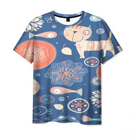 Мужская футболка 3D с принтом Котики и рыбка в Кировске, 100% полиэфир | прямой крой, круглый вырез горловины, длина до линии бедер | 3d | арт | другие | животные | коты | кошки | прикольные | рыба | текстуры | цветы | яркие