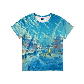 Детская футболка 3D с принтом Зимний городок в Кировске, 100% гипоаллергенный полиэфир | прямой крой, круглый вырез горловины, длина до линии бедер, чуть спущенное плечо, ткань немного тянется | ночь | пейзаж | снег