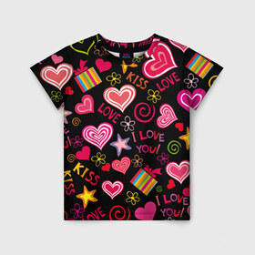 Детская футболка 3D с принтом Love в Кировске, 100% гипоаллергенный полиэфир | прямой крой, круглый вырез горловины, длина до линии бедер, чуть спущенное плечо, ткань немного тянется | kiss | love | звезды | любовь | подарок | поцелуй | сердце | цветы