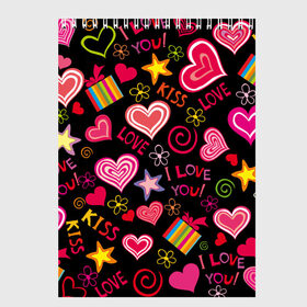 Скетчбук с принтом Love в Кировске, 100% бумага
 | 48 листов, плотность листов — 100 г/м2, плотность картонной обложки — 250 г/м2. Листы скреплены сверху удобной пружинной спиралью | kiss | love | звезды | любовь | подарок | поцелуй | сердце | цветы