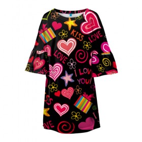 Детское платье 3D с принтом Love в Кировске, 100% полиэстер | прямой силуэт, чуть расширенный к низу. Круглая горловина, на рукавах — воланы | kiss | love | звезды | любовь | подарок | поцелуй | сердце | цветы