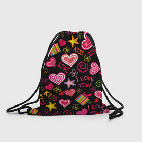 Рюкзак-мешок 3D с принтом Love в Кировске, 100% полиэстер | плотность ткани — 200 г/м2, размер — 35 х 45 см; лямки — толстые шнурки, застежка на шнуровке, без карманов и подкладки | kiss | love | звезды | любовь | подарок | поцелуй | сердце | цветы