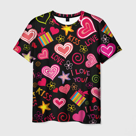 Мужская футболка 3D с принтом Love в Кировске, 100% полиэфир | прямой крой, круглый вырез горловины, длина до линии бедер | kiss | love | звезды | любовь | подарок | поцелуй | сердце | цветы