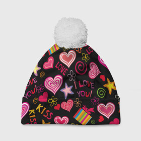 Шапка 3D c помпоном с принтом Love в Кировске, 100% полиэстер | универсальный размер, печать по всей поверхности изделия | kiss | love | звезды | любовь | подарок | поцелуй | сердце | цветы