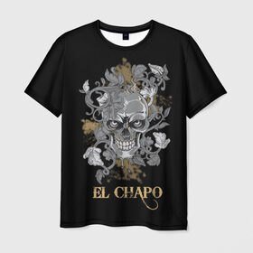 Мужская футболка 3D с принтом El Chapo в Кировске, 100% полиэфир | прямой крой, круглый вырез горловины, длина до линии бедер | el chapo | глаза | скелет | тату | цветы | череп