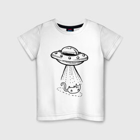 Детская футболка хлопок с принтом ufo cat в Кировске, 100% хлопок | круглый вырез горловины, полуприлегающий силуэт, длина до линии бедер | 