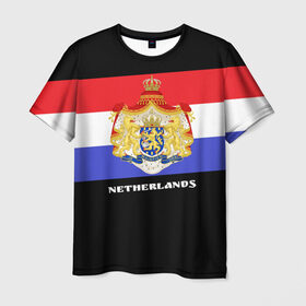 Мужская футболка 3D с принтом Флаг и герб Нидерланды в Кировске, 100% полиэфир | прямой крой, круглый вырез горловины, длина до линии бедер | амстердам | голландия | европа