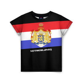 Детская футболка 3D с принтом Флаг и герб Нидерланды в Кировске, 100% гипоаллергенный полиэфир | прямой крой, круглый вырез горловины, длина до линии бедер, чуть спущенное плечо, ткань немного тянется | амстердам | голландия | европа
