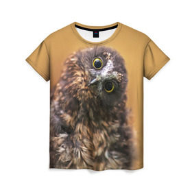 Женская футболка 3D с принтом Совёнок в Кировске, 100% полиэфир ( синтетическое хлопкоподобное полотно) | прямой крой, круглый вырез горловины, длина до линии бедер | взгляд | глаза | клюв | пернатые | перья | прикол | птица | сова | юмор