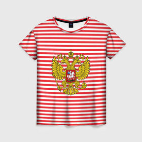 Женская футболка 3D с принтом Тельняшка ВВ и герб РФ в Кировске, 100% полиэфир ( синтетическое хлопкоподобное полотно) | прямой крой, круглый вырез горловины, длина до линии бедер | красный | полосатый