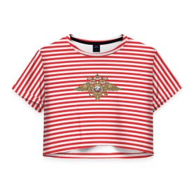 Женская футболка 3D укороченная с принтом Тельняшка ВВ и герб МВД в Кировске, 100% полиэстер | круглая горловина, длина футболки до линии талии, рукава с отворотами | красный | мвд | омон | спецназ