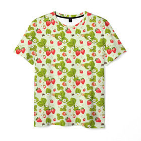 Мужская футболка 3D с принтом Клубничка в Кировске, 100% полиэфир | прямой крой, круглый вырез горловины, длина до линии бедер | клубника | орнамент | природа | пчела | узор | цветы | ягода