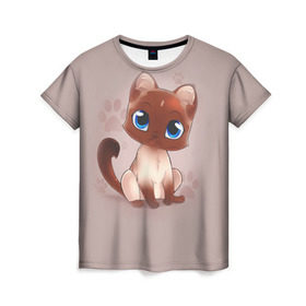 Женская футболка 3D с принтом Киска в Кировске, 100% полиэфир ( синтетическое хлопкоподобное полотно) | прямой крой, круглый вырез горловины, длина до линии бедер | взгляд | глаза | киска | кот | котёнок | кошка | лапа | след | хвост