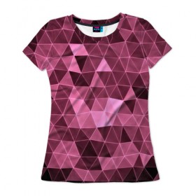 Женская футболка 3D с принтом Розовые треугольники в Кировске, 100% полиэфир ( синтетическое хлопкоподобное полотно) | прямой крой, круглый вырез горловины, длина до линии бедер | abstract | gray | lowpoly | polygon | triangle | абстракция | геометрия | полигоны | треугольники