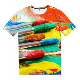 Мужская футболка 3D с принтом Кисти и краски в Кировске, 100% полиэфир | прямой крой, круглый вырез горловины, длина до линии бедер | Тематика изображения на принте: 
