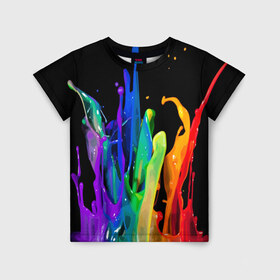 Детская футболка 3D с принтом Краски в Кировске, 100% гипоаллергенный полиэфир | прямой крой, круглый вырез горловины, длина до линии бедер, чуть спущенное плечо, ткань немного тянется | background | black | bright | paint | rainbow | spectrum | splash | spray | брызги | всплеск | краски | радуга | спектр | фон | черный | яркие