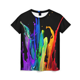 Женская футболка 3D с принтом Краски в Кировске, 100% полиэфир ( синтетическое хлопкоподобное полотно) | прямой крой, круглый вырез горловины, длина до линии бедер | Тематика изображения на принте: background | black | bright | paint | rainbow | spectrum | splash | spray | брызги | всплеск | краски | радуга | спектр | фон | черный | яркие