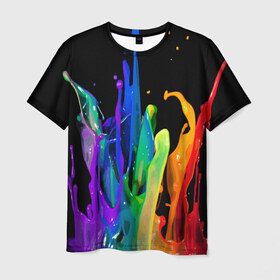 Мужская футболка 3D с принтом Краски в Кировске, 100% полиэфир | прямой крой, круглый вырез горловины, длина до линии бедер | background | black | bright | paint | rainbow | spectrum | splash | spray | брызги | всплеск | краски | радуга | спектр | фон | черный | яркие