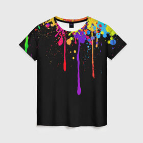 Женская футболка 3D с принтом Краски в Кировске, 100% полиэфир ( синтетическое хлопкоподобное полотно) | прямой крой, круглый вырез горловины, длина до линии бедер | брызги | капли | кляксы | краски | спектр | яркие