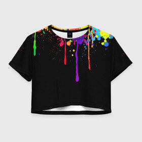 Женская футболка 3D укороченная с принтом Краски в Кировске, 100% полиэстер | круглая горловина, длина футболки до линии талии, рукава с отворотами | брызги | капли | кляксы | краски | спектр | яркие