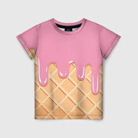 Детская футболка 3D с принтом Я Клубничный Рожок в Кировске, 100% гипоаллергенный полиэфир | прямой крой, круглый вырез горловины, длина до линии бедер, чуть спущенное плечо, ткань немного тянется | ваниль | вафля | вкус | вкусно | вкусняшка | десерт | жара | капли | клубника | лед | лето | молоко | мороженка | мороженое | пломбир | принт | рожок | сладость | шоколад | эскимо