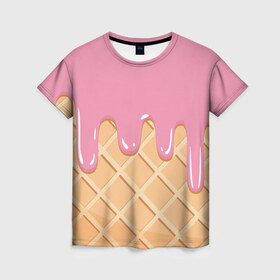 Женская футболка 3D с принтом Я Клубничный Рожок в Кировске, 100% полиэфир ( синтетическое хлопкоподобное полотно) | прямой крой, круглый вырез горловины, длина до линии бедер | ваниль | вафля | вкус | вкусно | вкусняшка | десерт | жара | капли | клубника | лед | лето | молоко | мороженка | мороженое | пломбир | принт | рожок | сладость | шоколад | эскимо