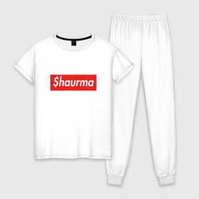 Женская пижама хлопок с принтом SHAURMA в Кировске, 100% хлопок | брюки и футболка прямого кроя, без карманов, на брюках мягкая резинка на поясе и по низу штанин | supreme | супреме | суприм
