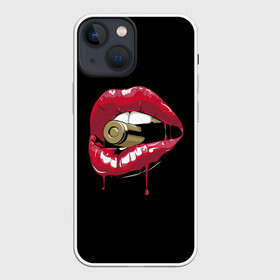 Чехол для iPhone 13 mini с принтом Пуля в зубах в Кировске,  |  | Тематика изображения на принте: губы | золотой зуб | краска | красная помада | красный | пуля