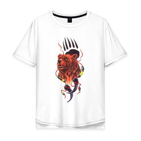 Мужская футболка хлопок Oversize с принтом Медведь Тотем в Кировске, 100% хлопок | свободный крой, круглый ворот, “спинка” длиннее передней части | Тематика изображения на принте: бусы | индейский | след | тотемное животное