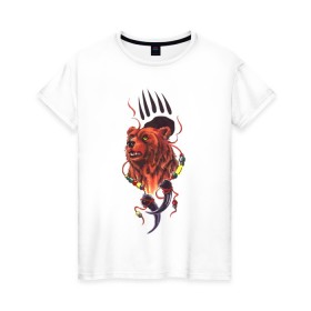 Женская футболка хлопок с принтом Медведь Тотем в Кировске, 100% хлопок | прямой крой, круглый вырез горловины, длина до линии бедер, слегка спущенное плечо | бусы | индейский | след | тотемное животное