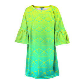 Детское платье 3D с принтом Летний бриз в Кировске, 100% полиэстер | прямой силуэт, чуть расширенный к низу. Круглая горловина, на рукавах — воланы | Тематика изображения на принте: summer | градиент | желтый | зеленый | лето | синий | узор