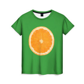 Женская футболка 3D с принтом Низкополигональный апельсин в Кировске, 100% полиэфир ( синтетическое хлопкоподобное полотно) | прямой крой, круглый вырез горловины, длина до линии бедер | lowpoly | polygonal | апельсин | зеленый | оранджевый | полигон | полигональный | полигоны | яркий