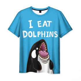 Мужская футболка 3D с принтом Я ем дельфинов в Кировске, 100% полиэфир | прямой крой, круглый вырез горловины, длина до линии бедер | дельфины | касатка