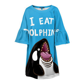 Детское платье 3D с принтом Я ем дельфинов в Кировске, 100% полиэстер | прямой силуэт, чуть расширенный к низу. Круглая горловина, на рукавах — воланы | Тематика изображения на принте: дельфины | касатка