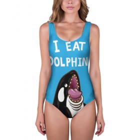 Купальник-боди 3D с принтом Я ем дельфинов в Кировске, 82% полиэстер, 18% эластан | Круглая горловина, круглый вырез на спине | дельфины | касатка