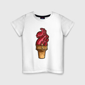 Детская футболка хлопок с принтом Мороженко в Кировске, 100% хлопок | круглый вырез горловины, полуприлегающий силуэт, длина до линии бедер | мороженое | осьминог | рожок | тентакли