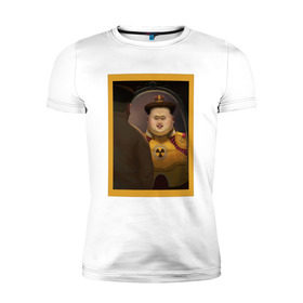 Мужская футболка премиум с принтом Счастливый Ким в Кировске, 92% хлопок, 8% лайкра | приталенный силуэт, круглый вырез ворота, длина до линии бедра, короткий рукав | ким чен ын | северная корея