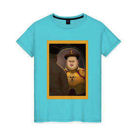 Женская футболка хлопок с принтом Счастливый Ким в Кировске, 100% хлопок | прямой крой, круглый вырез горловины, длина до линии бедер, слегка спущенное плечо | Тематика изображения на принте: ким чен ын | северная корея