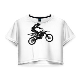 Женская футболка 3D укороченная с принтом Мотокросс в Кировске, 100% полиэстер | круглая горловина, длина футболки до линии талии, рукава с отворотами | motocross | motorcycle | motorcyclist | silhouette | speed | stencil | мотокросс | мотоцикл | мотоциклист | силуэт | скорость | трафарет