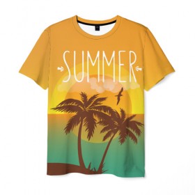 Мужская футболка 3D с принтом Летний пляж в Кировске, 100% полиэфир | прямой крой, круглый вырез горловины, длина до линии бедер | summer | sun | лето | море | пальмы | пляж | солнце | чайка