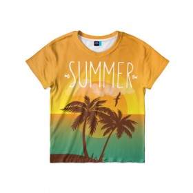 Детская футболка 3D с принтом Летний пляж в Кировске, 100% гипоаллергенный полиэфир | прямой крой, круглый вырез горловины, длина до линии бедер, чуть спущенное плечо, ткань немного тянется | Тематика изображения на принте: summer | sun | лето | море | пальмы | пляж | солнце | чайка