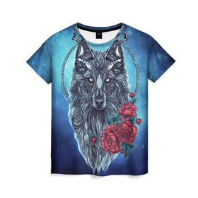 Женская футболка 3D с принтом Волк с цветами в Кировске, 100% полиэфир ( синтетическое хлопкоподобное полотно) | прямой крой, круглый вырез горловины, длина до линии бедер | арт | волк | космос | пионы | цветы