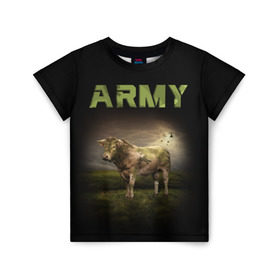 Детская футболка 3D с принтом Корова ARMY (армия) в Кировске, 100% гипоаллергенный полиэфир | прямой крой, круглый вырез горловины, длина до линии бедер, чуть спущенное плечо, ткань немного тянется | 