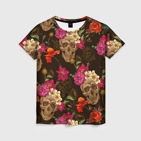 Женская футболка 3D с принтом черепа в Кировске, 100% полиэфир ( синтетическое хлопкоподобное полотно) | прямой крой, круглый вырез горловины, длина до линии бедер | цветы | черепа