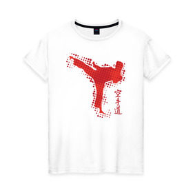 Женская футболка хлопок с принтом Силуэт каратиста в Кировске, 100% хлопок | прямой крой, круглый вырез горловины, длина до линии бедер, слегка спущенное плечо | иероглифы | каратэ | силуэт | удар | япония
