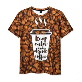 Мужская футболка 3D с принтом keep calm and drink coffee в Кировске, 100% полиэфир | прямой крой, круглый вырез горловины, длина до линии бедер | coffee | keep calm | кофе